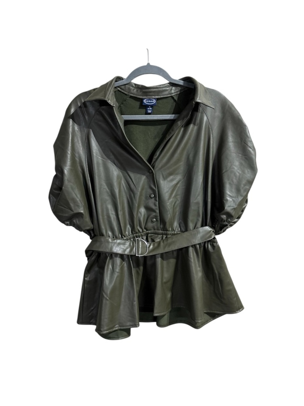 Scoop Faux Leather Peplum Top Olive Green Belted Puff Sleeve XL 16/18